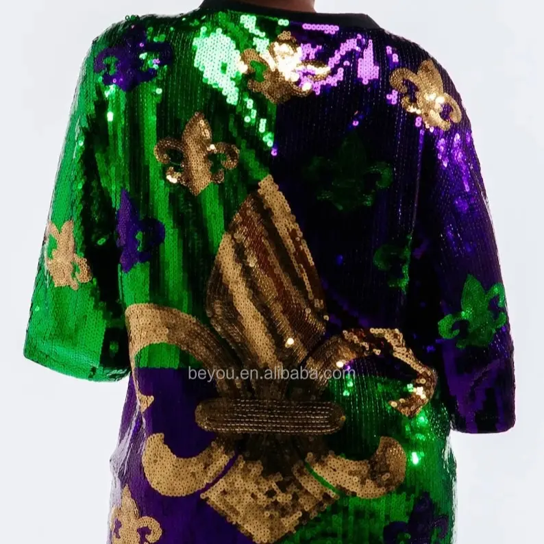 Mardi Gras ชุดเดรสเสื้อยืดยาวสีม่วงสีเขียวสีทองสีม่วงสำหรับการแสดงบนเวทีในคลับดีไซน์ตามสั่ง