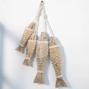Mediterranean Creative Retro Old Wall Hanging Ornaments Country Wood Antique Carved Fish Strings