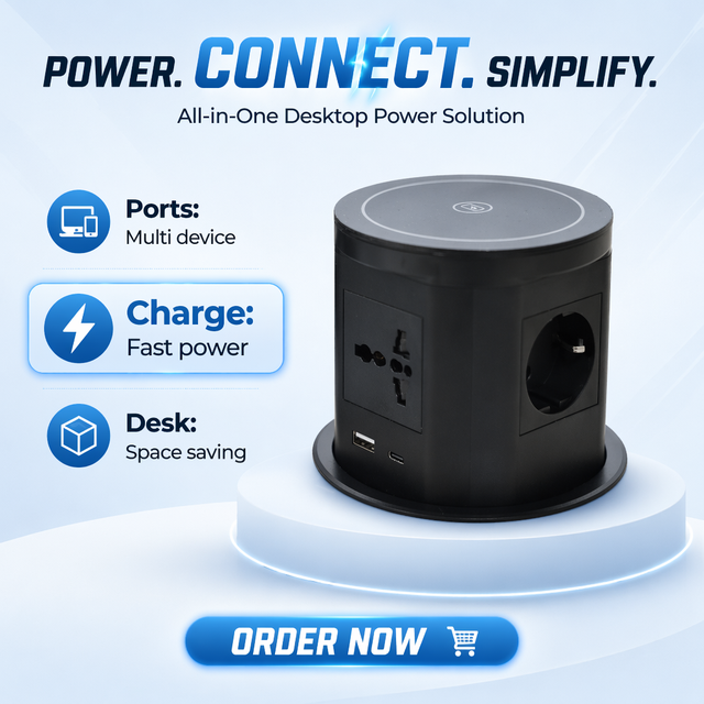 EU Standard 120mm Smart Pop-Up Tabletop Power Socket 5 IP65 Fast USB A+C Charging Hidden 220V 10A Rated Current Commercial Use