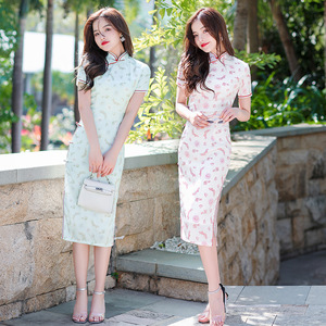 Vestido Cheongsam de Longitud Media para Mujer, Estilo Fresco y Retro, Tradicional Chino, Qipao Largo para <span class=keywords><strong>Fiesta</strong></span>, <span class=keywords><strong>Vestidos</strong></span> de Verano Elegantes para Mujer a Precio Económico - Product Image 2