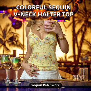 Vacation Pure Desire Hot Girl Colorful <b>Sequin</b> Patchwork Back Tie Halter <b>Top</b> Sexy V Neck Camisole Club Spandex/Polyester - Product Image 2