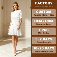 Vernalux 2026 Chic Ensemble Coordonné en Dentelle Tricotée Raffinée : Cardigan à Manches Courtes avec Faux Poches, Boutons en Cristal et Jupe Évasée Taille Haute avec Nœud en Satin