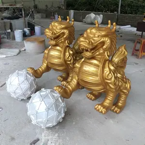 Unicórnio dourado de fibra de vidro, decoração de porta escultura personalizada dos leões estátua de ouro modelo de animal dragão enfeites de dragão resina