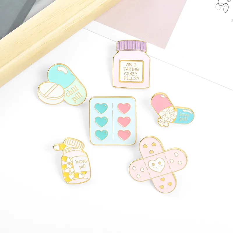 2021 New Design Healing Pins Custom Cute Cartoon Band-Aid Pill-shape Brooch Lapel Badge Enamel Pin Assorted