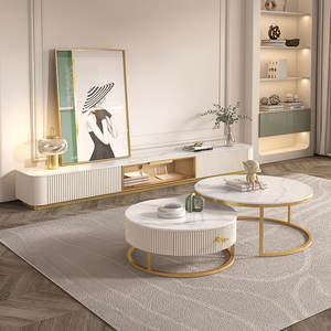 Juego <span class=keywords><strong>de</strong></span> Mesa <span class=keywords><strong>de</strong></span> Centro Redonda y Mueble para <span class=keywords><strong>TV</strong></span> <span class=keywords><strong>de</strong></span> Estilo Moderno y Lujoso, con Marco Metálico, Acabado Brillante, Imitación Mármol, con Cajones, en Blanco y Dorado - Product Image 1