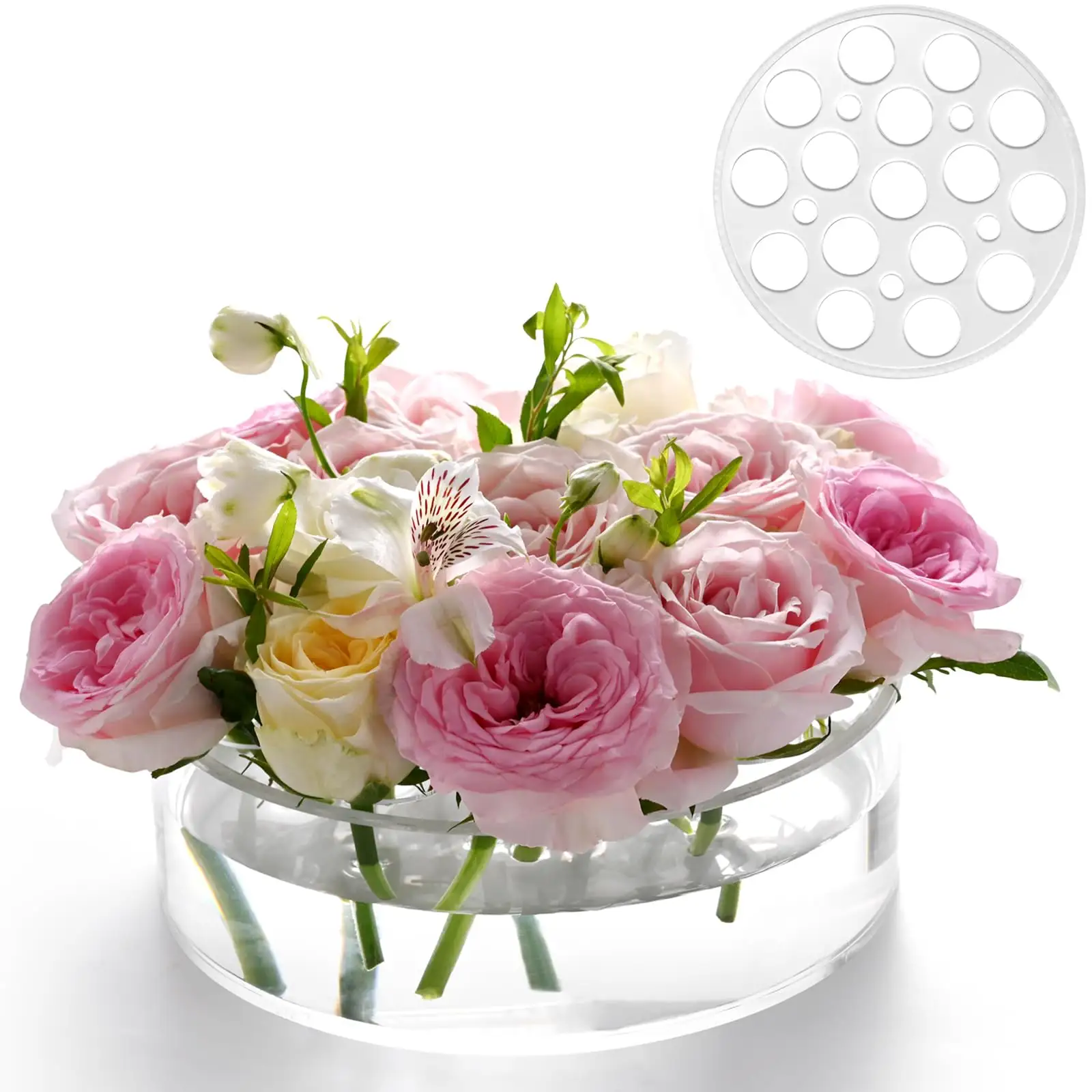 Vaso acrílico circular personalizado à prova de vazamentos, vaso acrílico de mesa com furos para peça central floral