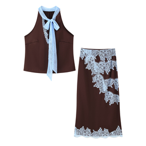 Top Estivo Casual da <span class=keywords><strong>Donna</strong></span> Senza Maniche con Colletto a Fiocco e Bordo in Pizzo, Colore <span class=keywords><strong>Marrone</strong></span> - Product Image 6