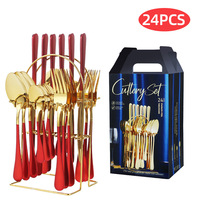 Ensemble de couverts en acier inoxydable doré poli miroir, 24 pièces, service pour 6 personnes, avec couteaux à steak