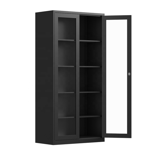 Metal Storage Cabinet Glass Display Cabinet with Lock,Glass Doors, Black for Collectibles,Home,Office,Living Room