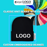 WIN Bonnet d'hiver chaud uni pour l'extérieur, avec logo brodé personnalisé, pour femmes et hommes, style pêcheur classique, bonnet tricoté à revers pour le ski