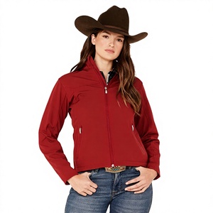 Chaqueta softshell roja para mujer, cuello alto, manga larga, cierre de cremallera, resistente al viento, para otoño - Product Image 2
