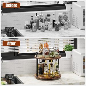 Wooden Double Layer <b>Spice</b> <b>Rack</b> With <b>Rotating</b> Tray For Kitchen Storage 2 Tier Food Organizer - Product Image 2
