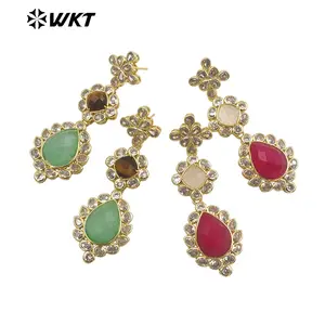 WT-ME088 WKT new design 18K Real gold plated multi kinds of gemstone earrings Natural Lapis drop long stone studs for gift