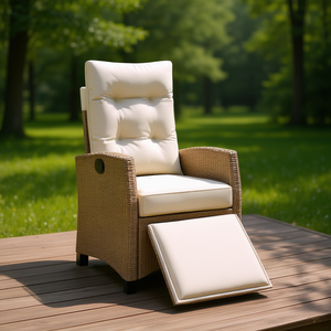 Silla Reclinable de Patio de Ratán Sintético con Reposapiés, Beige, Silla de Jardín para Exteriores, Diseño Contemporáneo, Asiento Tapizado - Product Image 2