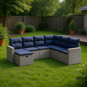 Ensemble de canapés de patio en polyrotin gris avec coussins, 7 pièces, mobilier de jardin, sièges d'extérieur, design contemporain - Product Image 2