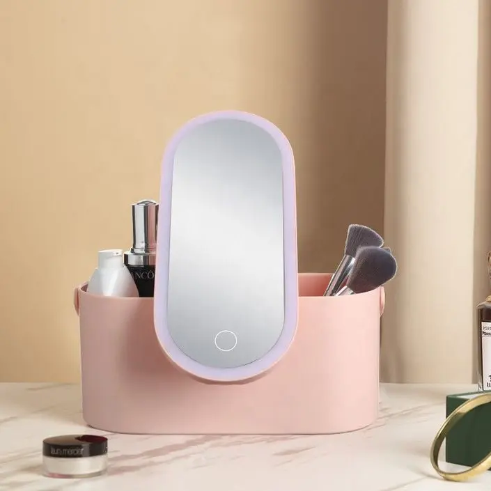 Nordic Designer 360 Cermin Rias Perjalanan Multifungsi USB Berputar Casing Cantik Lampu Led Plastik Lucu dengan Penyimpanan