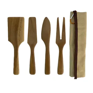 Juego de Cubiertos de utensilios de madera reutilizables para acampar con bolsa marrón Cuchara de madera de viaje Tenedores Almuerzo Cubiertos Almuerzo Juego de cubiertos portátil