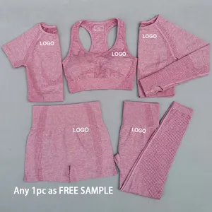 5 Stück Yoga Set Langarm Pink Fitness Crop Top Unterwäsche Fitness studio Kleidung Benutzer definiertes Logo Herbst Workout Sets Nahtloses Yoga Set