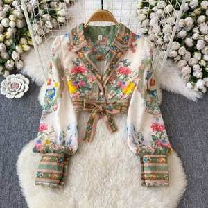 Women's High-End Bow-<b>Tie</b> Waist-Cinching Short-Sleeve Collared Blouse With Button-Front Print Skirt 2-Piece <b>Set</b> Fashion - Product Image 4