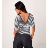 Kaos Wanita Lengan Pendek V-Neck Motif Garis untuk Pemakaian Sehari-hari Kasual - Koleksi Musim Panas Terbaru