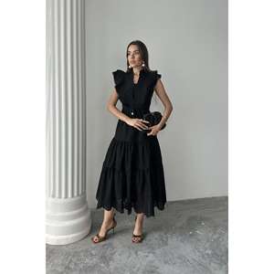 เดรสทรงเอไลน์สีดำแต่งระบาย เอวธรรมชาติ ผ้าทอระบายอากาศ สไตล์ลำลองใส่ได้ทุกวัน - Product Image 4