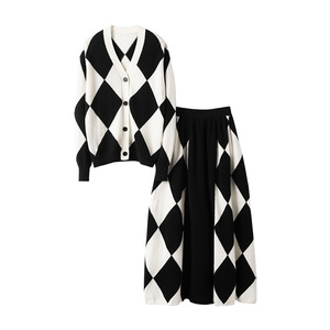 Cao cấp, khí quyển, lưới hoa văn jacquard v-cổ 100% Cashmere cardigan, một nửa cơ thể ô váy, Bộ Cashmere - Product Image 5