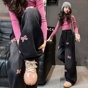 <span class=keywords><strong>Pantaloni</strong></span> Casual da ragazza con fiocco ricamati in Denim nuovo Design nero a gamba larga per gli studenti delle scuole medie per la primavera autunno - Product Image 1