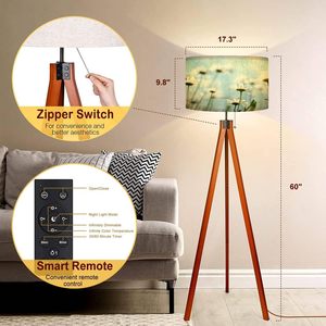 Lámpara de pie moderna con flores de primavera, pantalla de lino personalizada, trípode de madera, suelo, luz regulable, estilo de tambor, ideal para decoración del hogar - Product Image 3