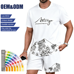 Conjunto de Verano <span class=keywords><strong>para</strong></span> Hombre con Logotipo Personalizado, Camiseta de Manga Corta con Estampado de Montaña y Pantalones Cortos con Cordón <span class=keywords><strong>para</strong></span> un Atuendo Casual Diario - Product Image 1