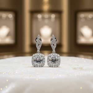 E1152 Orecchini in oro bianco con diamanti, pendenti a forma di halo con taglio quadrato, gioielli raffinati - Product Image 2