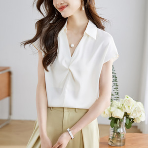 2025 camicetta in raso a maniche corte da donna in stile francese con bottone Casual <span class=keywords><strong>abbigliamento</strong></span> professionale da <span class=keywords><strong>ufficio</strong></span> estivo - Product Image 6