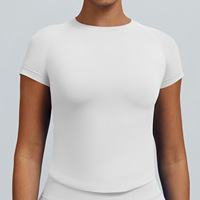 T-shirt de yoga sans couture à manches courtes pour femme, coupe ajustée, séchage rapide, longueur mi-cuisse, personnalisable en usine