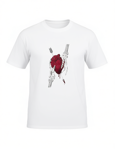 T-shirt Unisex con Stampa Teschio che Tiene un Cuore, in Cotone Morbido, Vestibilità Comoda, Manica Corta, Girocollo, Lunghezza Regolare, Stampa Serigrafica Frontale - Product Image 1