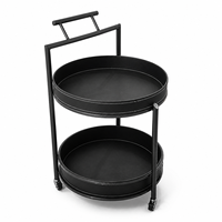 Chariot de service à deux niveaux en cuir noir, directement de l'usine, avec cadre en fer et roulettes, pour hôtel, salon, OEM ODM