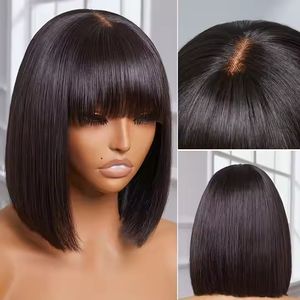 Perruque Bob Courte <span class=keywords><strong>Droite</strong></span> avec <span class=keywords><strong>Frange</strong></span> Pré-découpée et Fermeture en Dentelle 5x5, <span class=keywords><strong>Cheveux</strong></span> Humains Naturels Double Drawn pour Femmes - Product Image 3
