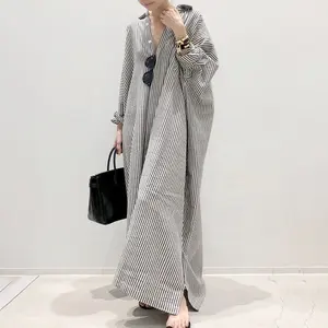Summer New Style cotton comfort Striped Casual A-line Long-sleeved Loose Single-breasted Straight Fashion Dress