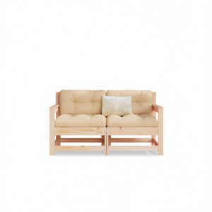 Banc de patio en bois naturel avec coussins beiges, siège pour 2 personnes, mobilier d'extérieur, design rustique moderne - Product Image 1