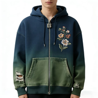 Sweat à capuche personnalisé ODM brodé effet vieilli motif floral coloré 100 % coton avec fermeture éclair métallique et bordure en tricot côtelé effiloché