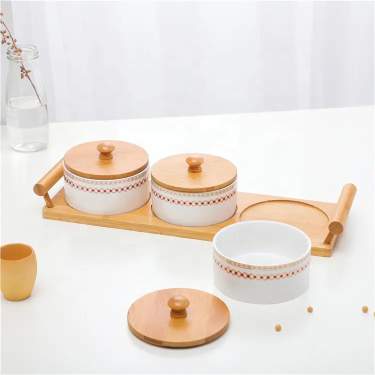 New Product Nordic Style Luxury Spice Salt Kitchen Canister Sets With Wooden Lid And Tray