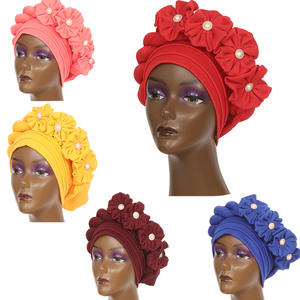 Q30687 fausse perle et nœud décor tête enveloppement musulman espace couche chapeau africain nigérian Turban Gele <span class=keywords><strong>tresse</strong></span> Turbans casquettes - Product Image 6