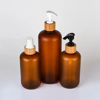 Ensemble cosmétique 250ml pot à crème cosmétique avec couvercle en bambou 120ml 500ml ambre givré PET bouteille de shampooing en plastique avec pompe en bambou