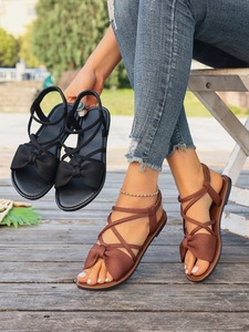 Women Bow Crisscross Straps Flat <b>Sandals</b> <b>Elastic</b> Ankle Strap Open Toe Summer Beach Footwear - Product Image 1