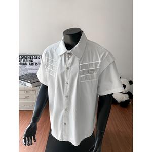 Niche Deconstructed Split Shoulder Pad White Loose Pleated Oversized Long Vintage <b>Cardigan</b> Metal Design Sense Shirt Male - Product Image 5