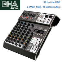 Console de mixage audio métallique 6 canaux BHA MR6 avec 99 DSP intégrés, sorties RCA/TRS/XLR, certifiée CE/FCC