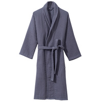 Robe de chambre élégante unie pour femme en tissu gaufré, manches longues, longueur genou, 100 % coton, douce et infroissable, idéale pour la détente quotidienne à la maison
