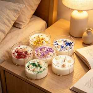 Bougie parfumée artisanale en cire de soja dans un bocal en verre avec coquillages et paillettes, décoration élégante pour mariage - Product Image 3