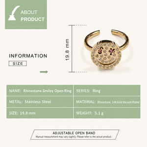 Rhinestone Smiley Open <b>Ring</b> <b>Stainless</b> <b>Steel</b> 14K Gold Vacuum Plated Adjustable Round Face Statement Jewelry - Product Image 2
