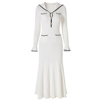 Style français sirène tricots Maxi robe pour femmes col marin à manches longues décontracté dame porter Colorblock volants taille naturelle