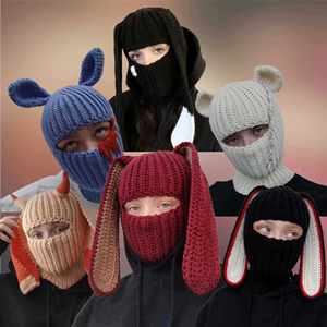 Bonnet d'hiver en crochet fait main pour hommes et femmes avec masque intégré pour les oreilles et le visage, masque de ski Halloween à longues oreilles de lapin, balaclava - Product Image 2