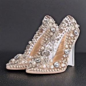 Chaussures de soirée de luxe pour femmes à talons hauts, ornées de perles et de strass, escarpins transparents en cristal - Product Image 3